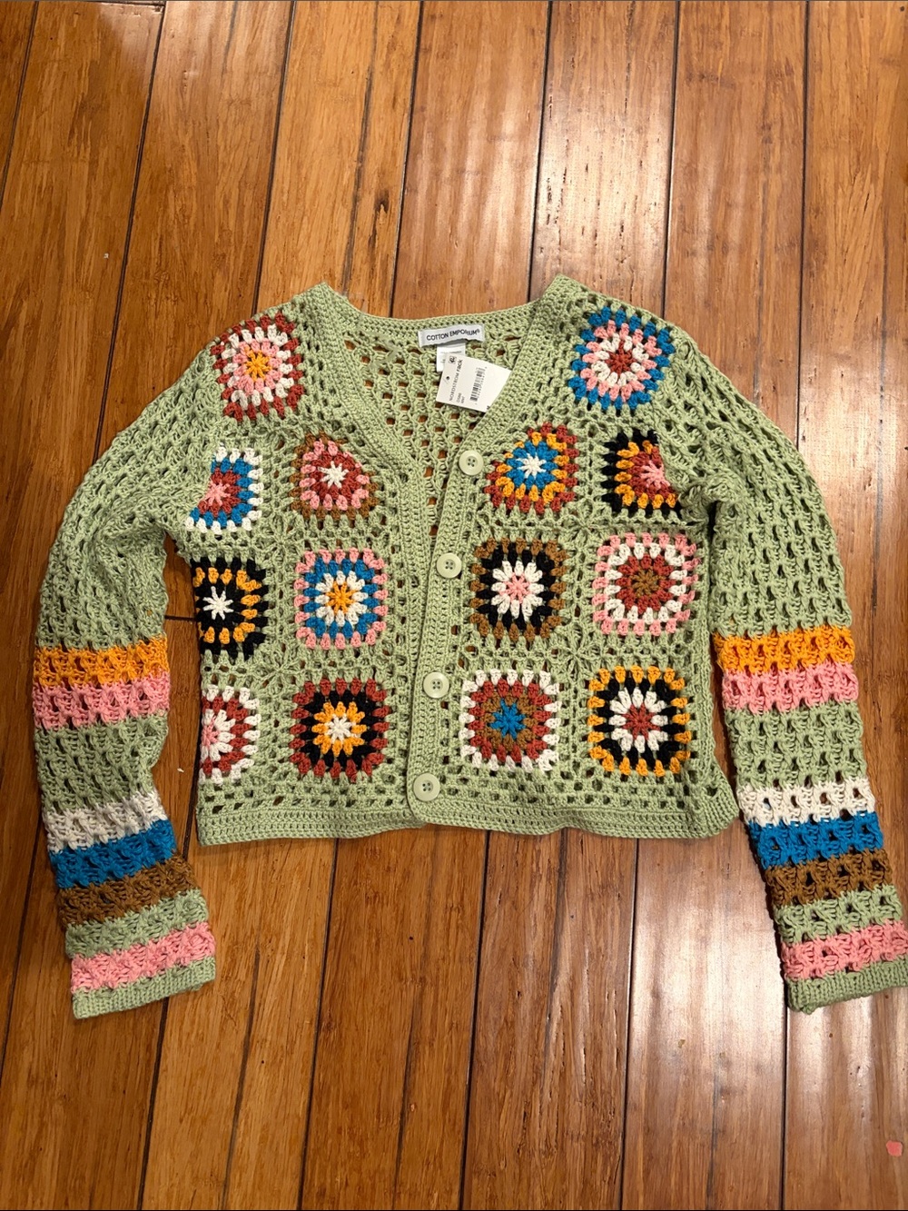 Cotton Emporium Crochet Square Cardigan Sweater - Sage Green